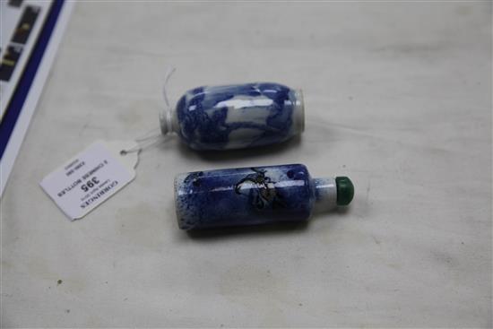 Two Chinese blue and white porcelain snuff bottles, 1860-1908, 8.2cm. and 8cm.